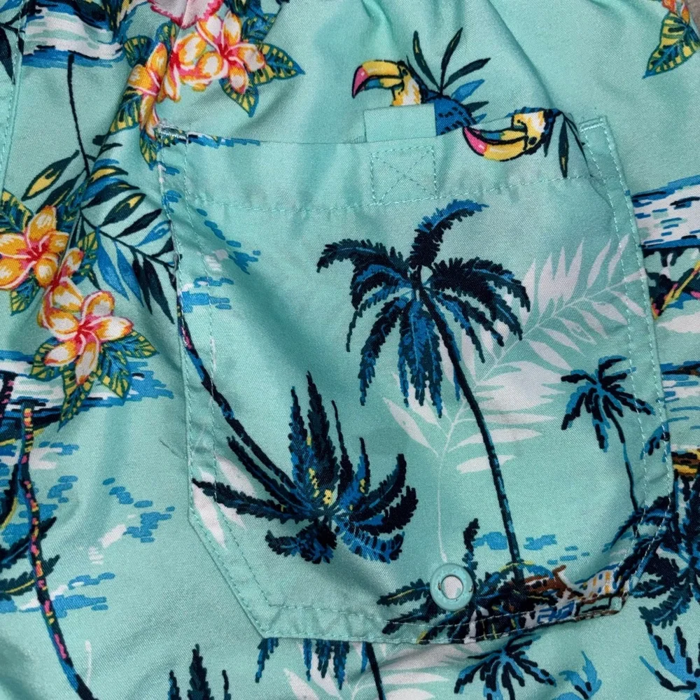 Men's Aqua Tropical Print Swim Trunks